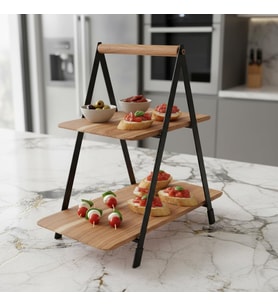 2 Katlı Akasya Ahşap Sunum Standı - Silikon Kaplamalı Siyah Metal Gövdeli Meyvelik Kurabiyelik Kahve Köşesi ve Mutfak Banyo Düzenleyici Organizer (16 x 26.5 x 34 cm)