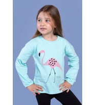 Toontoy Kız Çocuk Flamingo Baskılı Tişört (Su Yeşili)