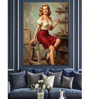 Kafe Ortamında Vintage Pin-Up Kadın Dekoratif Kanvas - Mdf Ahşap Tablo