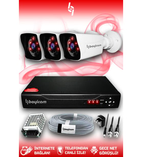 BAYICAM 3 Kameralı Kare 3 Dış Kamera Set HDD'siz Full HD Gece Görüşlü Güvenlik Kamerası Sistemi