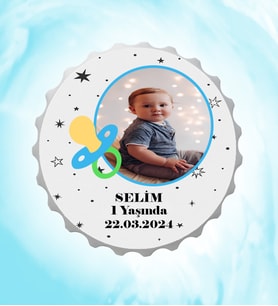 Kişiye Özel Erkek Bebek Resimli İsimli Yıldız Emzikli Kapak Magnet Açacak