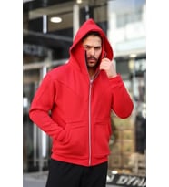 Erkek Maskeli Ninja Model Çift Kapüşonlu 3 İplik Şardonlu Fermuarlı Sweatshirt - Kırmızı