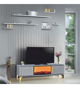 Rüya Dekoratif Şömineli Tv Sehpası - Antrasit Gold Kulplu 2 Kapaklı Alev Efektli 150x50x36 Cm
