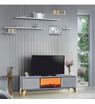 Rüya Dekoratif Şömineli Tv Sehpası - Antrasit Gold Kulplu 2 Kapaklı Alev Efektli 150x50x36 Cm