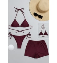 Kadın 3'lü Set Bordo Şortlu ve Yandan Bağlamalı Bikini Mayo Takımı