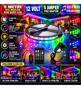 5M 12V 60 Ledli Dış Mekan RGB Şerit Led 5A Priz Adaptör Sese ve Müziğe Duyarlı RGB Kumandalı Set