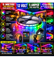 5M 12V 60 Ledli Dış Mekan RGB Şerit Led 5A Priz Adaptör Sese ve Müziğe Duyarlı RGB Kumandalı Set