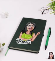 BK Gift Kişiye Özel Kadın Karikatürlü Yeşil Termo Deri Defter Kalem Seti Model 19