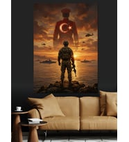 Türk Bayrağı Önünde Nöbetçi Mehmetçik Dekoratif Kanvas - Mdf Ahşap Tablo