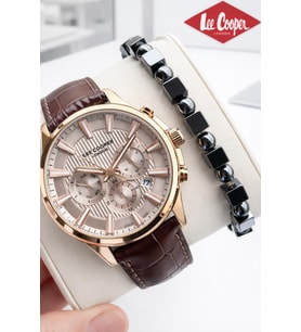Lee Cooper Erkek Kol Saati 50 Mt Suya Dayanıklı Deri Kordon Bileklik Hediyeli VS.BLKT.0921 (Kahverengi)