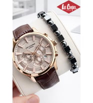 Lee Cooper Erkek Kol Saati 50 Mt Suya Dayanıklı Deri Kordon Bileklik Hediyeli VS.BLKT.0921 (Kahverengi)