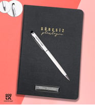 Kişiye Özel Gri Renk Deri Kapaklı Süresiz Planlayıcı / Ajanda & Beyaz Renk Touch Pen Roller Kalem Kutusunda Hediye Seti - GDTK-909117-2