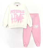 Attitude & Love Kabartma Baskılı Kız Çocuk Eşofman Takımı Ekru Pembe