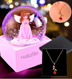 Sevgiliye Hediye Pembe Peri MELEĞİM Kar Küresi & Gold Rose Gül Kolye