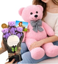 Premium Ayıcık Buketi Seti Büyük Peluş Ayıcık ve Kişiye Özel Fotoğraflı Aynalı Mor Ayıcık Buketi (Model 2)