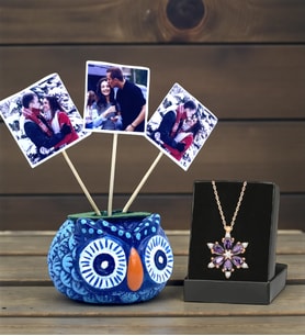 Kişiye Özel Hediye Seti 3 Fotoğraflı Mavi Baykuş Saksı ve Gerçek Ametist Taşlı Lotus Kolye