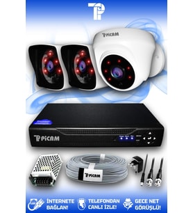 PICAM 3 Kameralı Kare 1 İç Kamera Set HDD'siz Full HD Gece Görüşlü Güvenlik Kamerası Sistemi
