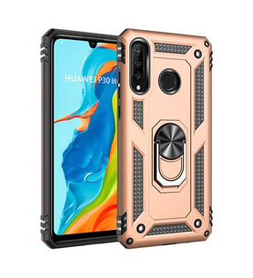 Huawei P30 Lite Kılıf Metal For Car Yüzüklü Standlı Military Ring Serisi (Altın)