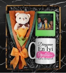 Öğretmenler Gününe Özel Tasarımlı Kupa &  Peluş Ayıcık Buketi & Melek Kolye Hediye Seti (Pembe)