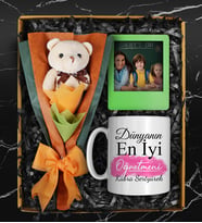 Öğretmenler Gününe Özel Tasarımlı Kupa &  Peluş Ayıcık Buketi & Melek Kolye Hediye Seti (Pembe)