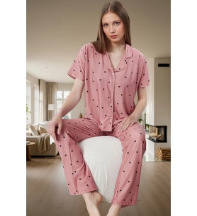 Kadın Kalpli Örme Pijama Takımı Rahat Şık Kısa Kollu Regular Kalıp Premium Kalite Seçkin Malzeme (Gül Kurusu)