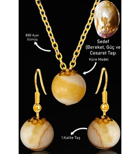 Sertifikalı Gold Küre Model Sedef Taşı Kolye ve Küpe Seti - Gümüş Aparatlı (Çok Renkli)