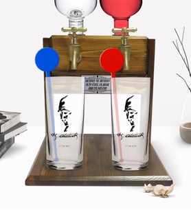 BK Gift Kişiye Özel Renkli Baskılı Atatürk Temalı İkili Vodka Bardağı ve Çift Musluklu Doğal Ahşap Vodka Standı-22 (Model 1)