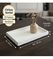 Orion Serisi Eskitme Beyaz El Yapımı Kırılmaz Dekoratif Sunum Tepsisi (20x36 cm)