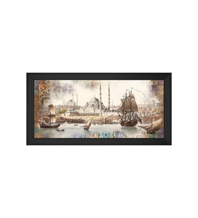 Eski İstanbul Motifli Kanvas Tablo 80 x 110 cm Siyah Çerçeve