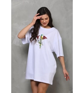 Unisex Bisiklet Yaka Baskılı Oversize T-Shirt - Beyaz