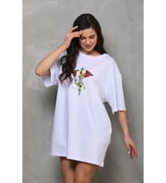 Unisex Bisiklet Yaka Baskılı Oversize T-Shirt - Beyaz