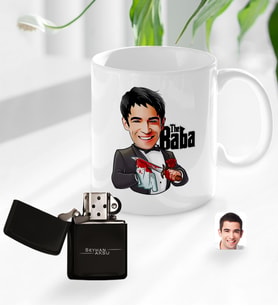 BK Gift Kişiye Özel Babalar Günü Hediyesi Godfather Baba Karikatürlü Kupa Bardak ve Benzinli Çakmak Seti-5 (Model 1)