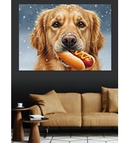 Hot Dog Yiyen Sevimli Golden Retriever Dekoratif Kanvas - Mdf Ahşap Tablo