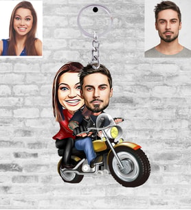 Kişiye Özel Motorcu Sevgili Karikatürlü Ahşap Anahtarlık Model 1-Eco