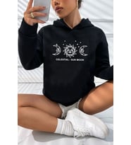 Unisex Celestial Sun Moon Baskılı Sweatshirt (Siyah)