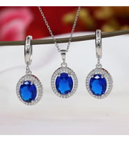 Lacivert Beyaz Zirkon Taşlı Oval Gümüş Kolye Küpe Takım