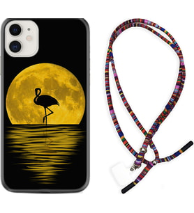 Apple iPhone 11 12 13 Mini Kılıf Boyun Asklı Rasta Silikon Ay ve Flamingo 1775