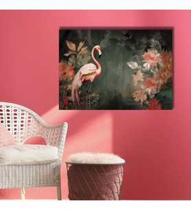 Tekli Yatay Kanvas Tablo Pastel Pembe Flamingo ve Yapraklar
