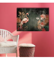 Tekli Yatay Kanvas Tablo Pastel Pembe Flamingo ve Yapraklar