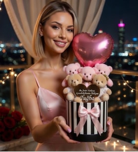 Kişiye Özel İsim Yazılı Aynalı Peluş 5'li Pembe Ayıcık Buketi – Balonlu Silindir Kutuda Arkadaşa, Sevgiliye, Kıza Hediye