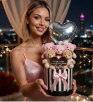 Kişiye Özel İsim Yazılı Aynalı Peluş 5'li Pembe Ayıcık Buketi – Balonlu Silindir Kutuda Arkadaşa, Sevgiliye, Kıza Hediye