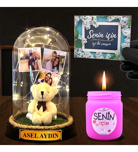 Sizlere Özel Led Işıklı Fanus ve Mis Kokulu Mum Hediye Seti Kişiye Özel Hediye (Model 1)