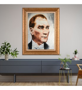 Altın Varaklı Çerçeveli Paspartulu Atatürk Tablo TR1379 (Gold)