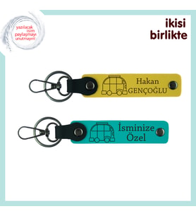 Karavan Hayaliyle Yaşayanlara Kişisel Sürpriz, Deri Anahtarlık 2’li Set, İsim Yazılı, Sarı-K Turkuaz