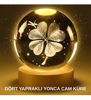 Yonca Bitki Figürlü Led Işıklı Cam Küre Usb Ahşap Standlı Gece Lambası