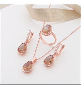 925 Ayar Rose Kaplama  Damla Zultanit Taşlı Üçlü Gümüş Set