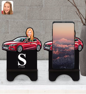 BK Gift Kişiye Özel Plakalı Kadın Mazda 3 Karikatürlü Ahşap Biblo Telefon Standı-1