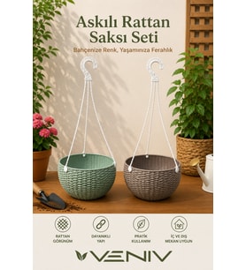2’li 2 Litre Alt Tabaklı Askılı Rattan Saksı Seti Dekoratif ve Şık Tasarım