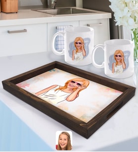 BK Gift Kişiye Özel Kadın Karikatürlü Doğal Ahşap Tepsi ve 2’li Kupa Bardak Seti-18