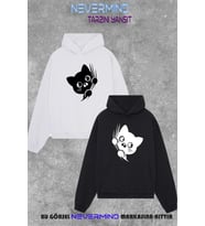 Çift Kombini Sweatshirt Seti – 3 İplik Oversize Kedi Desenli Hoodie Unisex (Beyaz-Siyah)
